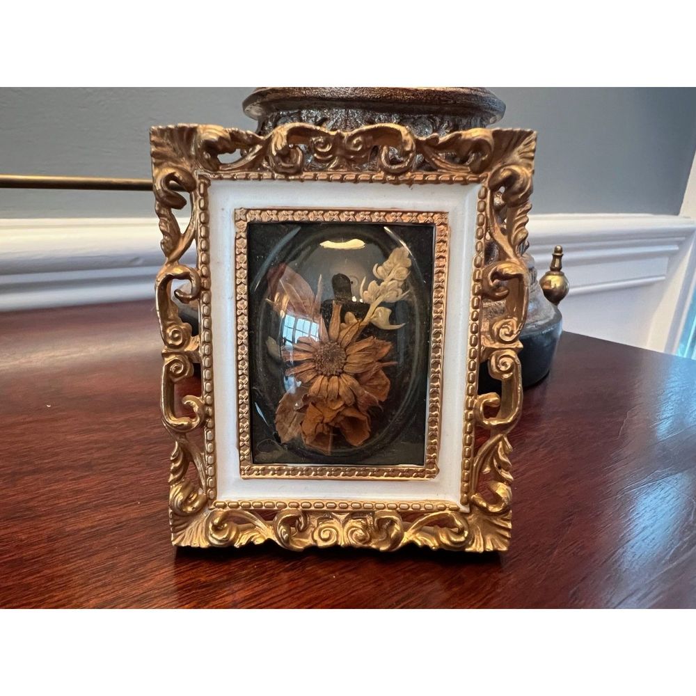 Vintage Dollhouse Art Dried Pressed Flowers in Gold Gilt Frame
